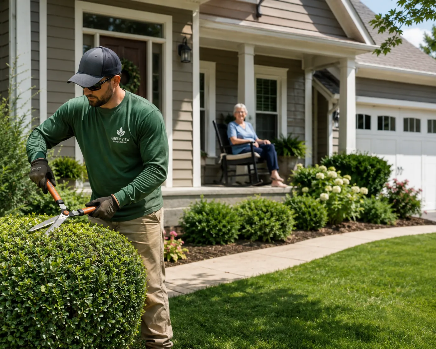 A landscaper trimming hedges outside a home